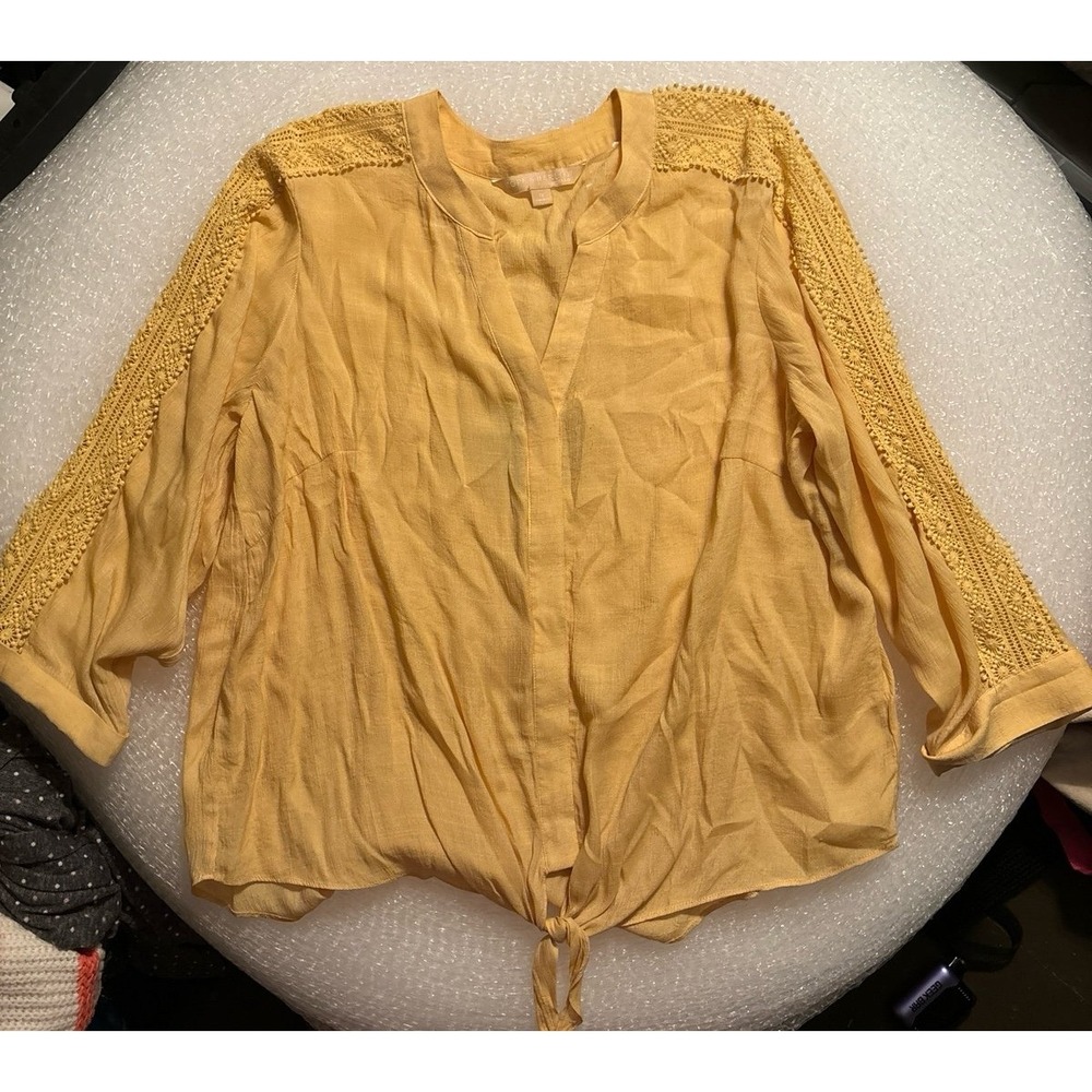 Hope & Harlow‎ Woman Plus Size Yellow 3/4 Sleeve Tie Front Button Blouse, 1X